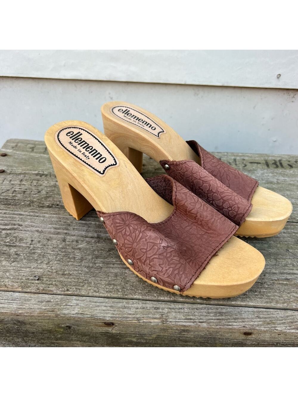 Vintage Ellemenno Made in Italy Brown Tooled Leather Heeled Slide in Mules 8M